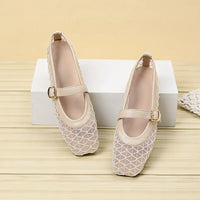 Fishnet Ballet Flats Square Toe Breathable Hollow Mesh Sandals Casual and Comfortable Mary Jane Shoes