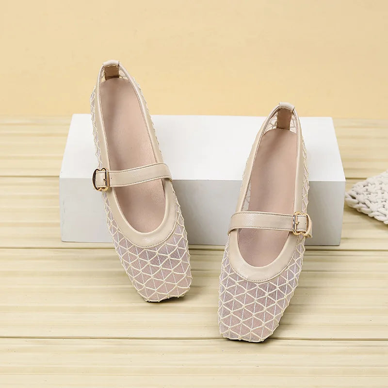 Fishnet Ballet Flats Square Toe Breathable Hollow Mesh Sandals Casual and Comfortable Mary Jane Shoes