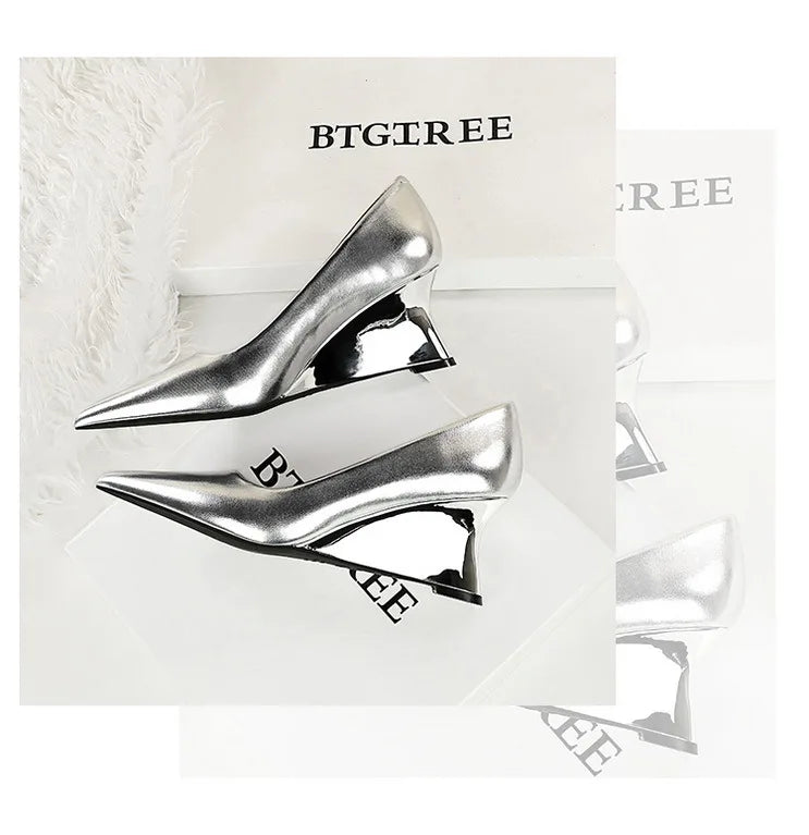 Spring Fashion Pointed Toe Pumps Woman Metal Decoration Wedges Heels Elegant Ladies Shoes