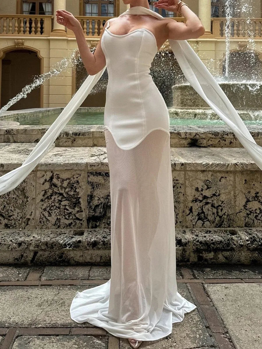 Elegant High Elasticity Mesh Long Skirt Evening Dress Women's Gown Fashionable Wrap Style Bodycon Design Knitted Fabric