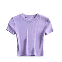 New in Summer Women's Hot Pure Sexy Slim Round Neck Color Short Shoulder Tops Fashionable Casual Wear Grey Short Sleeve T-Shirt Natalia Home Fashion    Natalia Home Fashion