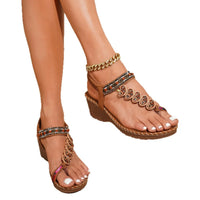 Bohemian Style Women's Sandals Summer Fashion Beach Slope Heel Slippers Beaded Diamond Slip-On round Toe PU Lined Mid Heel