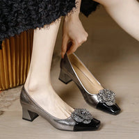 Rhinestone Camellia Flower Women's Shoes Square Toe Thick Heels 5cm Ladies Pumps Party Shoes