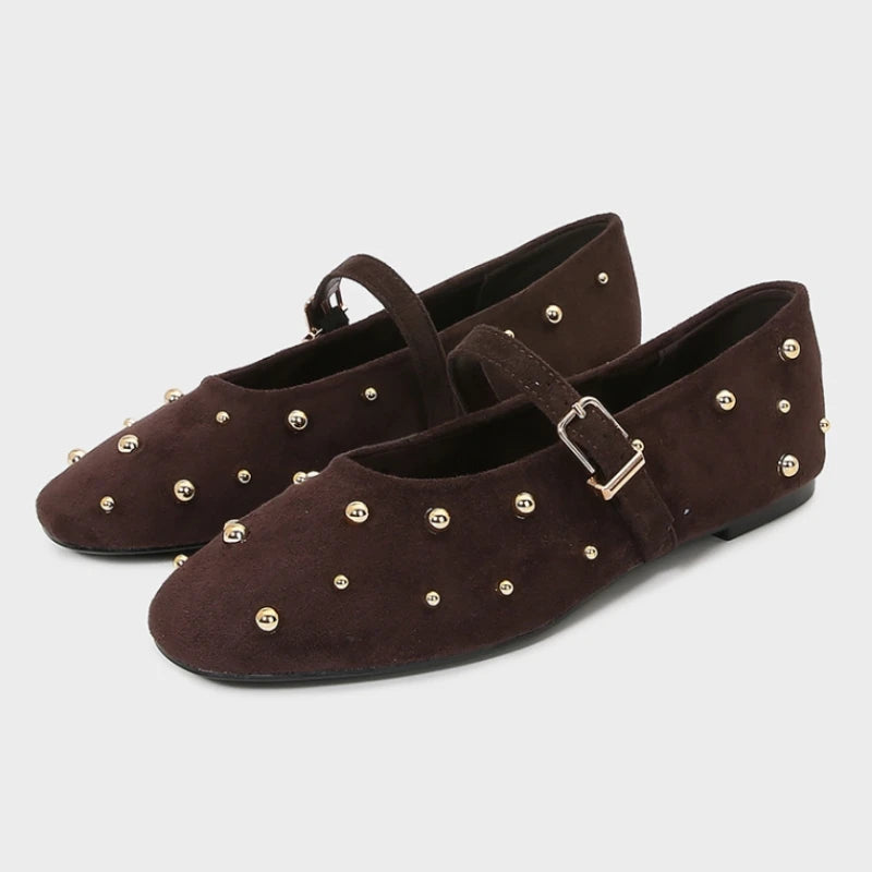 Round Toe Rivets Women Mary Jane Shoes Brown Faux Suede Metal Belt Non-slip Soft Sole Retro Design Ladies Flats