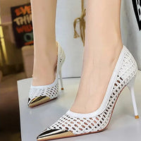Fashion Metal Decoration Pointed Toe Pumps Woman Thin Heels Sexy Hollow Out Ladies Shoes