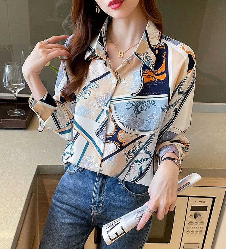 Chiffon Allover Printed Women's Blouses High Quality Long Sleeve Single Breasted Spring Summer Casual Lady Blouses