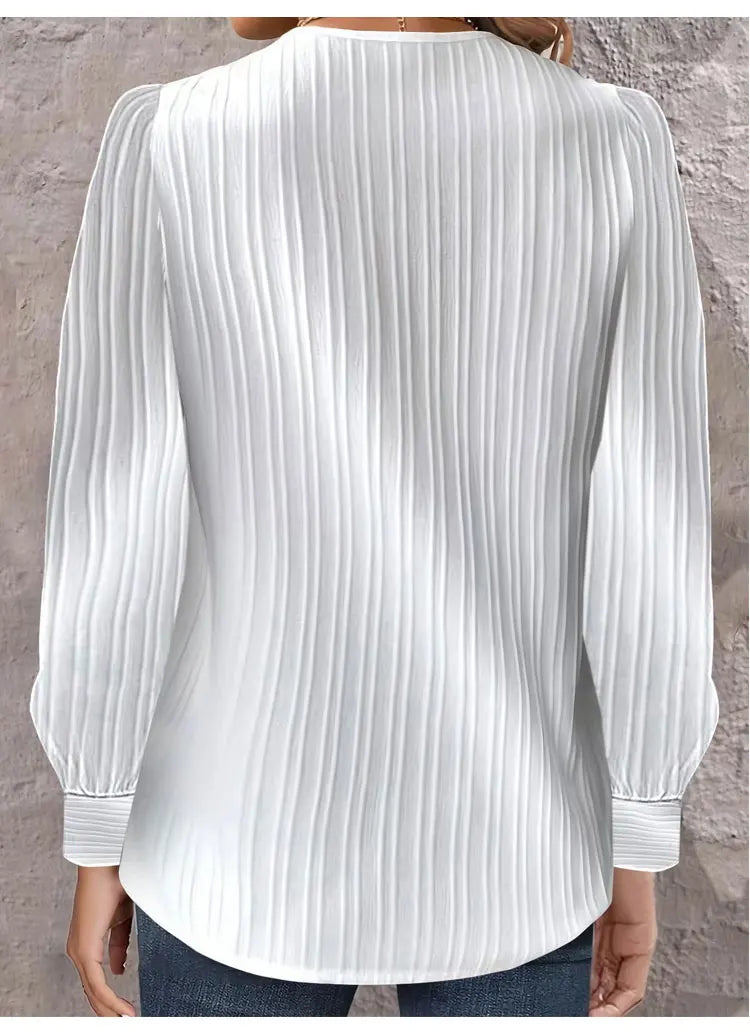Simple Button V-neck Pullover Women's Solid Long Sleeve Casual T-shirts Elegant Lady Blouses