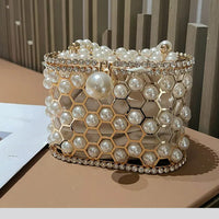 Luxury Pearl Beaded Metal Cage Hollow Out Women Handbag Rhinestones Diamond Evening Bag Wedding Party Clutch Purse Crossbody Bag