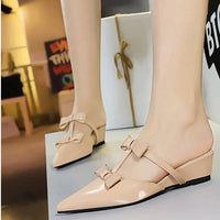 French Wedge Heel Pointed Head Sandals Versatile Bow Medium Heel Half Slippers Women