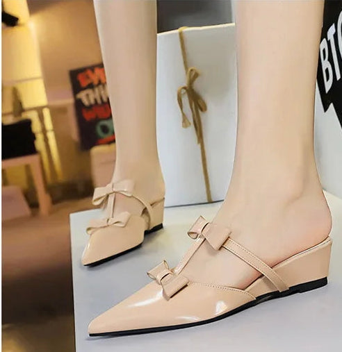 French Wedge Heel Pointed Head Sandals Versatile Bow Medium Heel Half Slippers Women