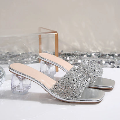 Shiny Sequins High Heel Slippers for Women Summer Fashion Square Toe Transparent Heeled Sandals Woman Glitter Slides - Natalia Home Fashion