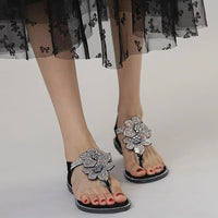 Womens Bohemian Floral Rhinestone Sandals Elegant Crystal Flower Décor Elastic Ankle Strap Soft Cushioned Insole Non Slip Sole