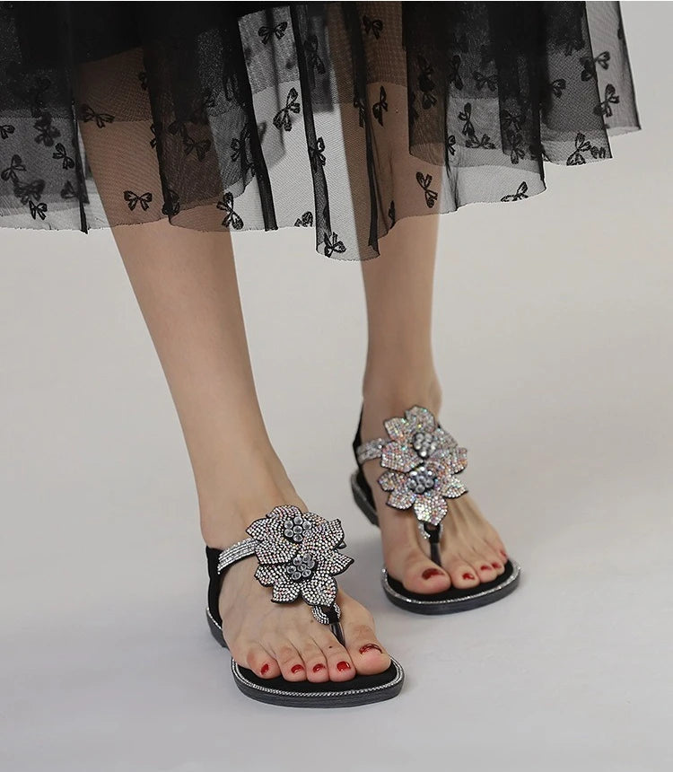 Womens Bohemian Floral Rhinestone Sandals Elegant Crystal Flower Décor Elastic Ankle Strap Soft Cushioned Insole Non Slip Sole