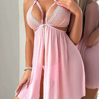 Sexy Transparent Dress Lace Mesh Backless Deep V Suspenders Sleeveless Dress Solid Color Charming Elegant Pure Desire Sweet