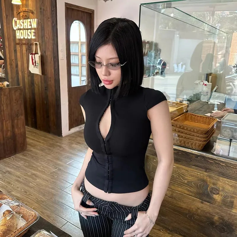 Gothic Y2K Retro Short Slim T-shirt Elegant Hollow Out Street Trend Sexy Fashion Harajuku High Street Popular Hot Girl Style Natalia Home Fashion    Natalia Home Fashion