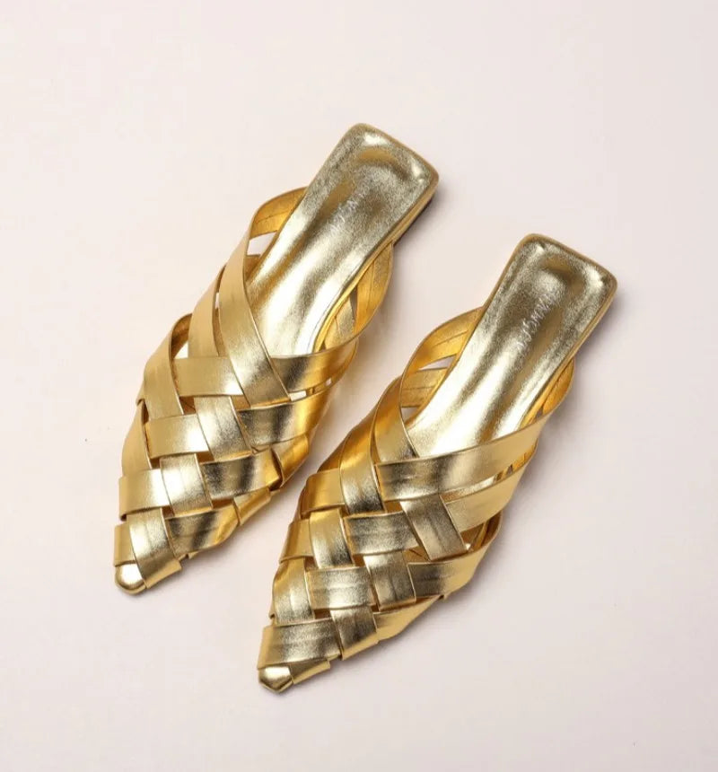 Hollow Woven Pointed Cool Slippers Women's Summer Thick Heel Outer Wear Bag Head Half Slippers Women Sandals
