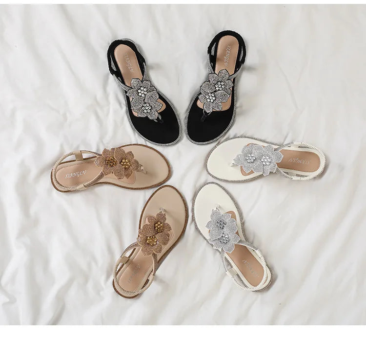 Womens Bohemian Floral Rhinestone Sandals Elegant Crystal Flower Décor Elastic Ankle Strap Soft Cushioned Insole Non Slip Sole