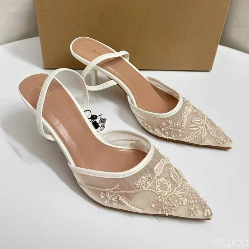 Ladies Embroider Brand High Heels Luxury Elegant Pointed Shoes Ladies Evening Party Sandals Wedding Bridal Dress shoes