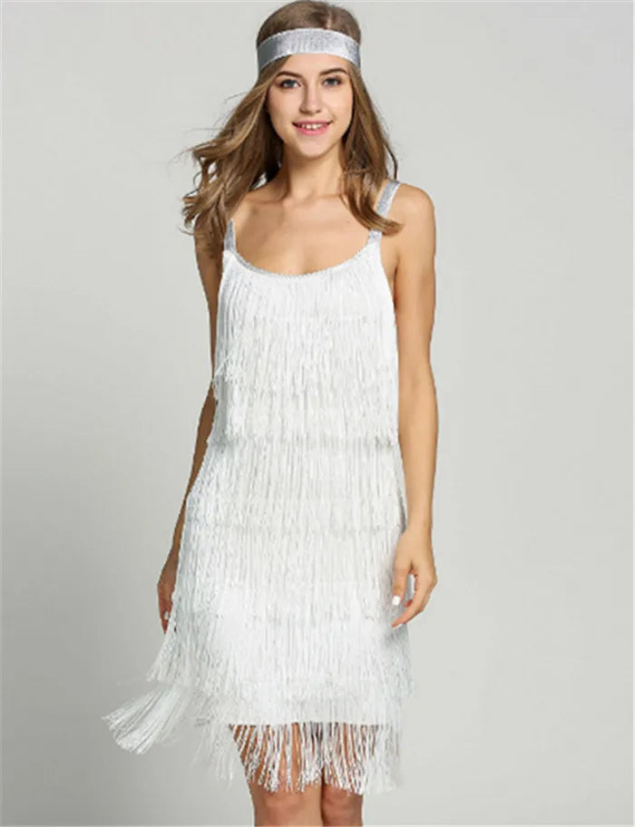 Great Gatsby Dress Slash Neck Strappy Tiered Fringe Dress Vintage Flapper Party Fancy Dress Costumes With Headband
