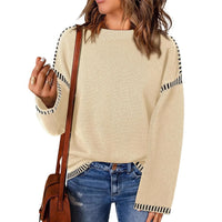 Women's Loose Long Sleeve Crew Neck Knitted Sweater Thickened Polyester Fiber Pure Color Tassel Knitwear