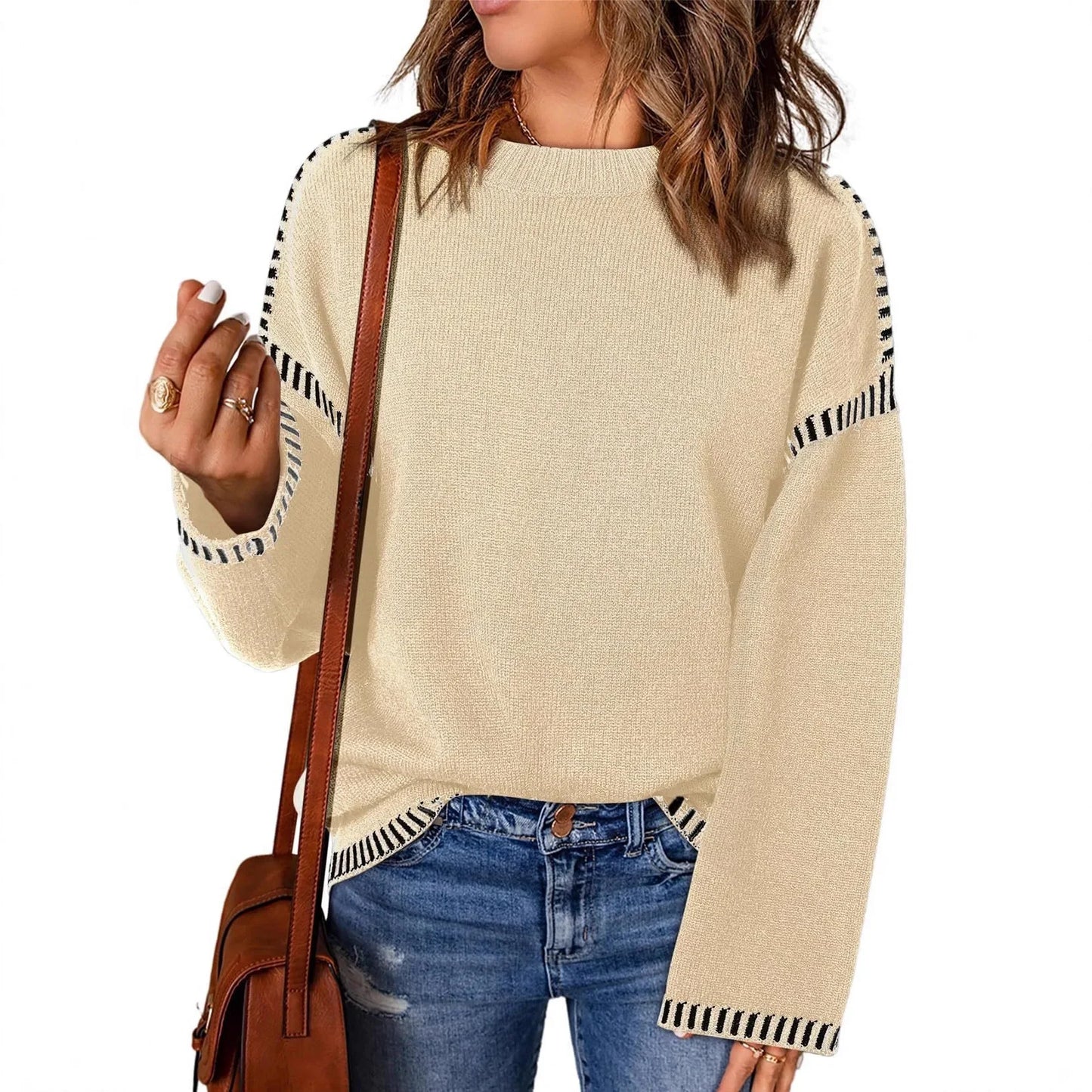 Women's Loose Long Sleeve Crew Neck Knitted Sweater Thickened Polyester Fiber Pure Color Tassel Knitwear