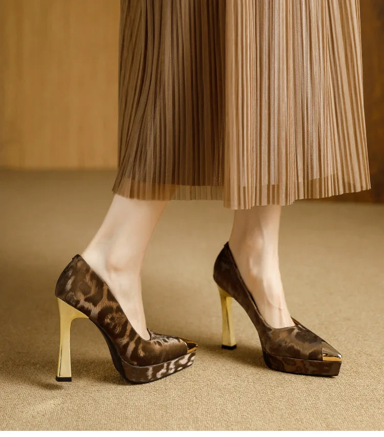 Fashion Women's Shoes Thin Block Heels 11cm Pointed Toe Shallow Mouth Ladies Pumps Party Shoes