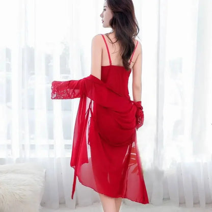 Sexy Lace Mesh Chemise Nightgown V Neck See through Slit Fun Strap Outer Robe Home Wear three Pieces  Set
