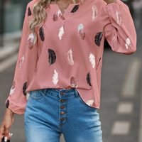 Fashion Woman Blouse Shirts For Women Stylish Top long Sleeve Feather Pattern Female Tops Elegant Chiffon Mujer Woman Clothes Natalia Home Fashion    Natalia Home Fashion
