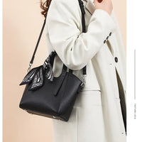 Pure Leather Cowhide Single Shoulder Crossbody Bag Ladies Handbag Fashion Bucket Bag Simple Basket Comes with Scarf