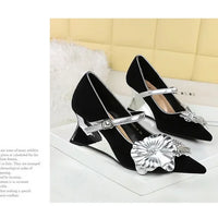 Metal Wedges 6 cm Women Pumps Flower Design High Heels Suede Sexy Party Shoes Buckle Ladies Shoes Women Wedges