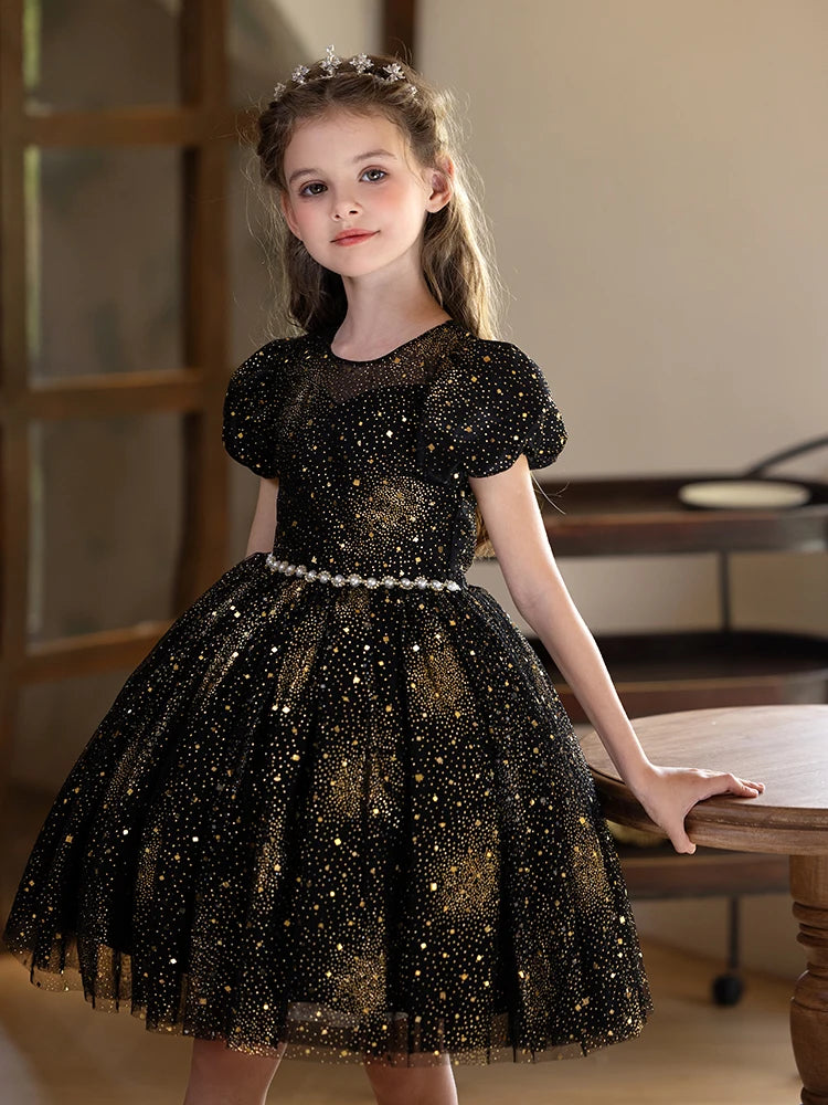 Starry Sky Dress For Girls Black Short Dress Holiday Party Birthday Fluffy Veil Dress