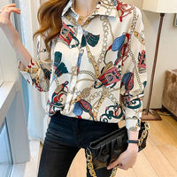 Fashion chain print ladies shirts Spring Women Blouses Long Sleeve Shirts Tops