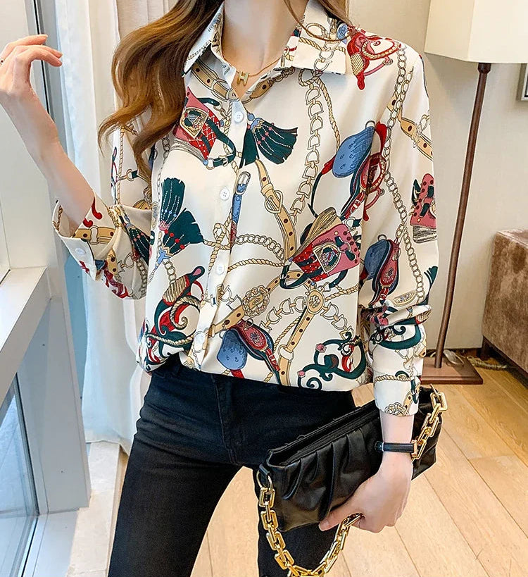 Fashion chain print ladies shirts Spring Women Blouses Long Sleeve Shirts Tops