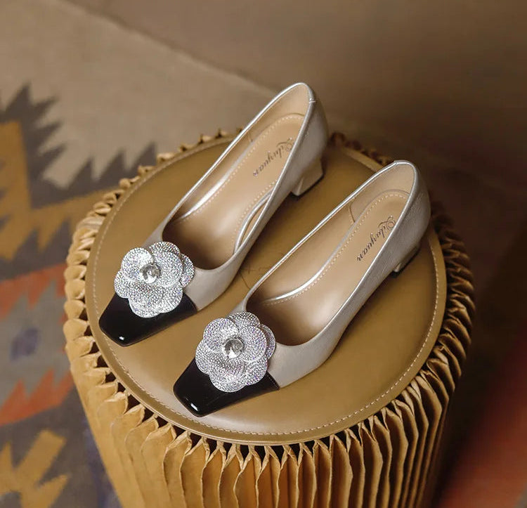 Rhinestone Camellia Flower Women's Shoes Square Toe Thick Heels 5cm Ladies Pumps Party Shoes