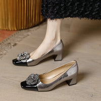 Rhinestone Camellia Flower Women's Shoes Square Toe Thick Heels 5cm Ladies Pumps Party Shoes