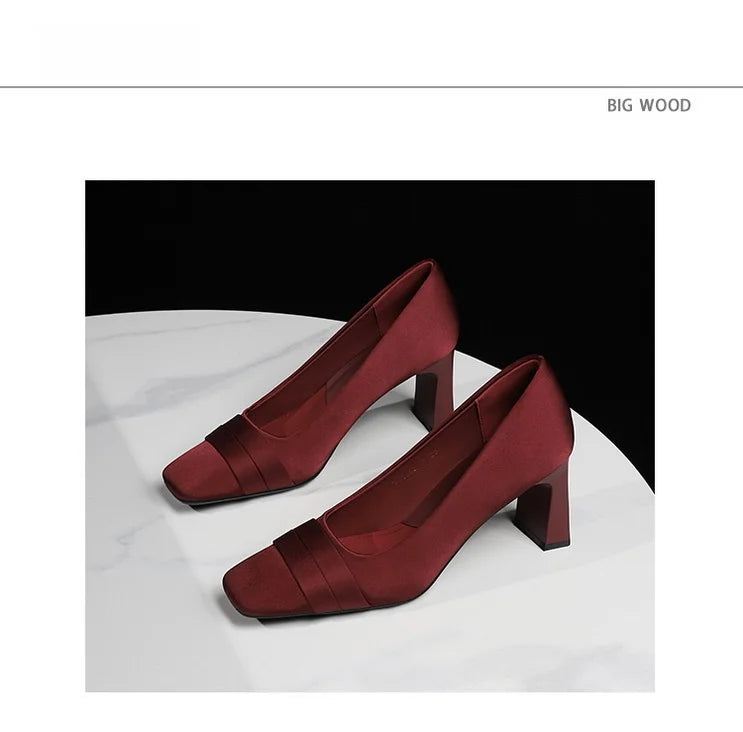 Elegant Satin High Heels Square Toe Slip-On Chunky Heel Comfortable Women's Shoes for Party Fashion Footwear Summer Autumn
