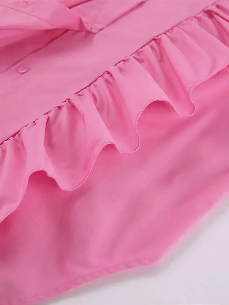 Ruffles Solid Women Shirt Pink Blue Lapel Female Top Elegant Fashion Single Breasted Flare Long Sleeve Lady Blouses