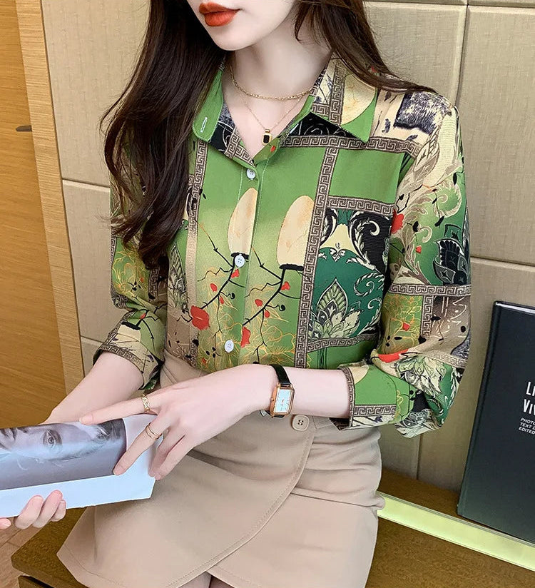 Slim Floral Long-sleeved Shirt Loose Printed Top for Women