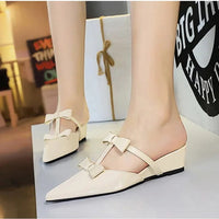 French Wedge Heel Pointed Head Sandals Versatile Bow Medium Heel Half Slippers Women
