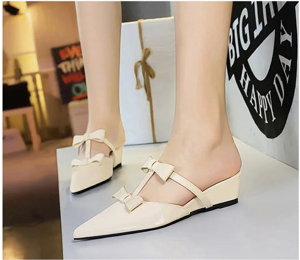 French Wedge Heel Pointed Head Sandals Versatile Bow Medium Heel Half Slippers Women