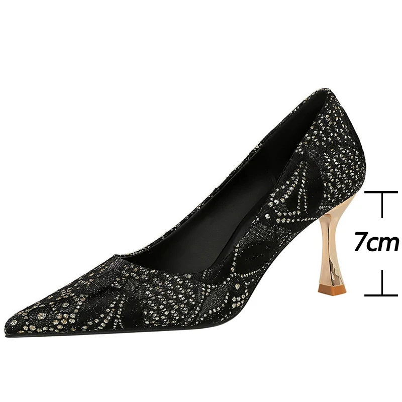 Shoes Lace glitter fabric women pumps Design Kitten heels Women shoes Female Occupation Office Shoes