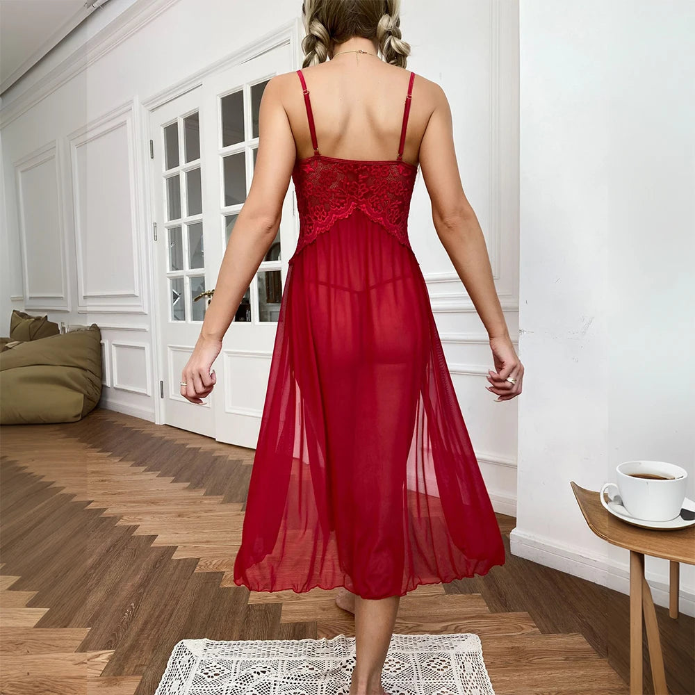 Sexy Lace Solid Women Sleepwear Underwear Mesh Lingerie Deep V Side Slit Sleeveless Female Fashion Robe Dress Nightwear