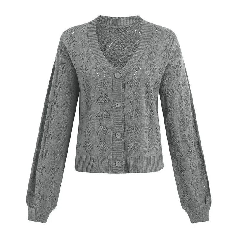 Women's Lightweight Crochet Cropped Cardigan Knitted Hollow Out V Neck Long Sleeve Button up Bolero Shrug Sweater