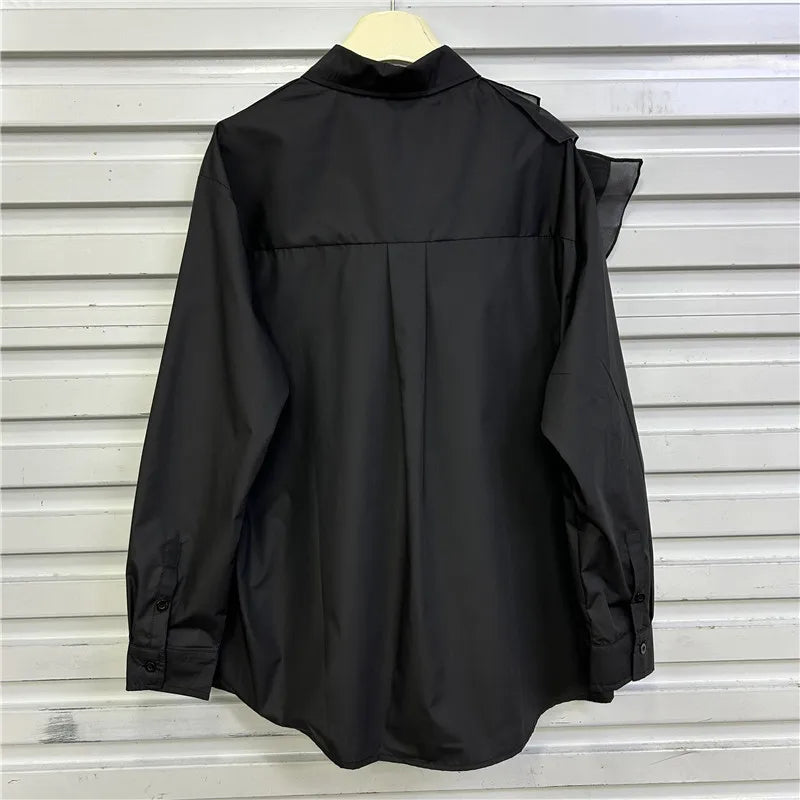 Advanced Style Shirt With Women's Fashion Ruffle Edge Splicing Design Single Breasted Long Sleeved Shirt Women's Loose And Versa