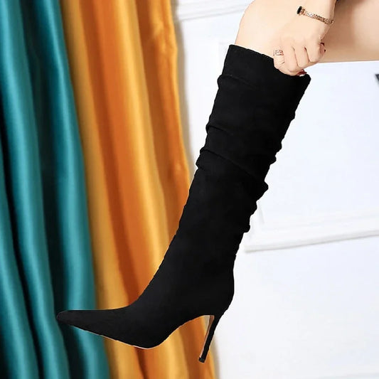Fashion Pleated Pointed toe Knee-High Boots Thin Heels Women Ladies Shoes