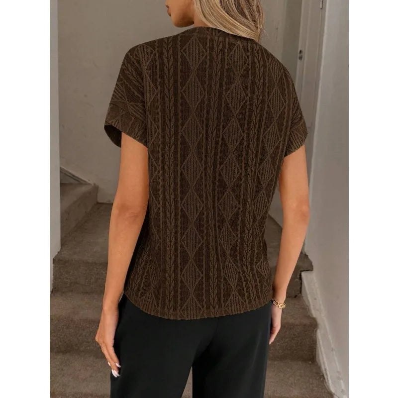 Women's Casual Round Neck Jacquard Short Sleeve Top T-shirt Leisure Commute Women Clothing