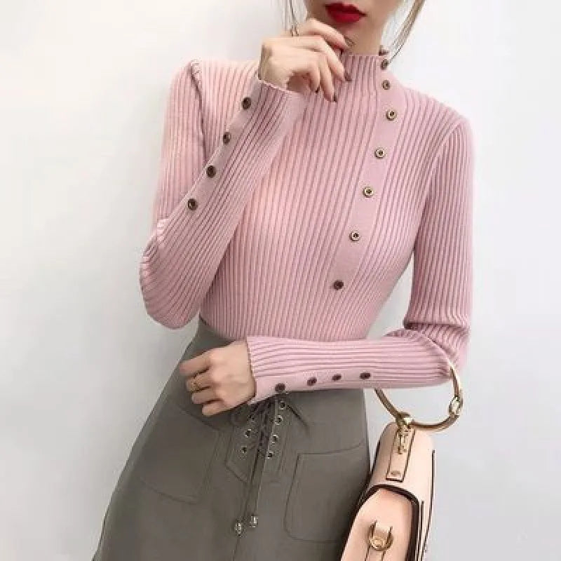 Half High Neck Sweater Women's New Style Pullover Knit Sweater with Button Up Long Sleeves Slim Fit Tight Fitting Bottom Shirt