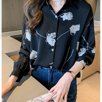 Women's Blouse Long Sleeve Rose Printed Fashionable Chiffon Shirt Long Sleeve Top