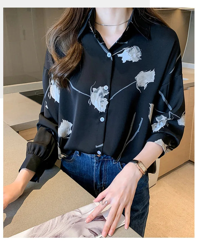 Women's Blouse Long Sleeve Rose Printed Fashionable Chiffon Shirt Long Sleeve Top