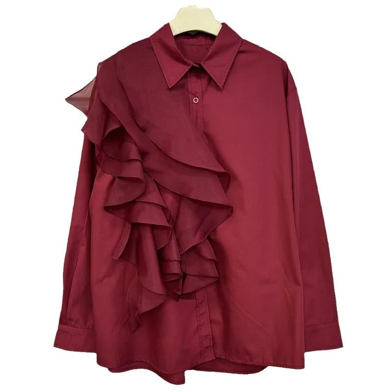 Advanced Style Shirt With Women's Fashion Ruffle Edge Splicing Design Single Breasted Long Sleeved Shirt Women's Loose And Versa